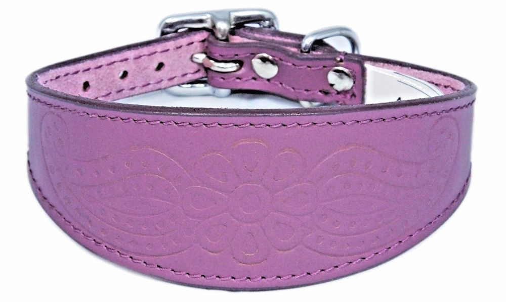 Pink Leather Embossed Paisley Design Whippet Greyhound Collar 