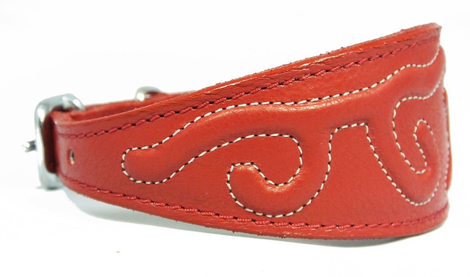 Sighthound Collar - Padded Leather With Stitch Design in Red